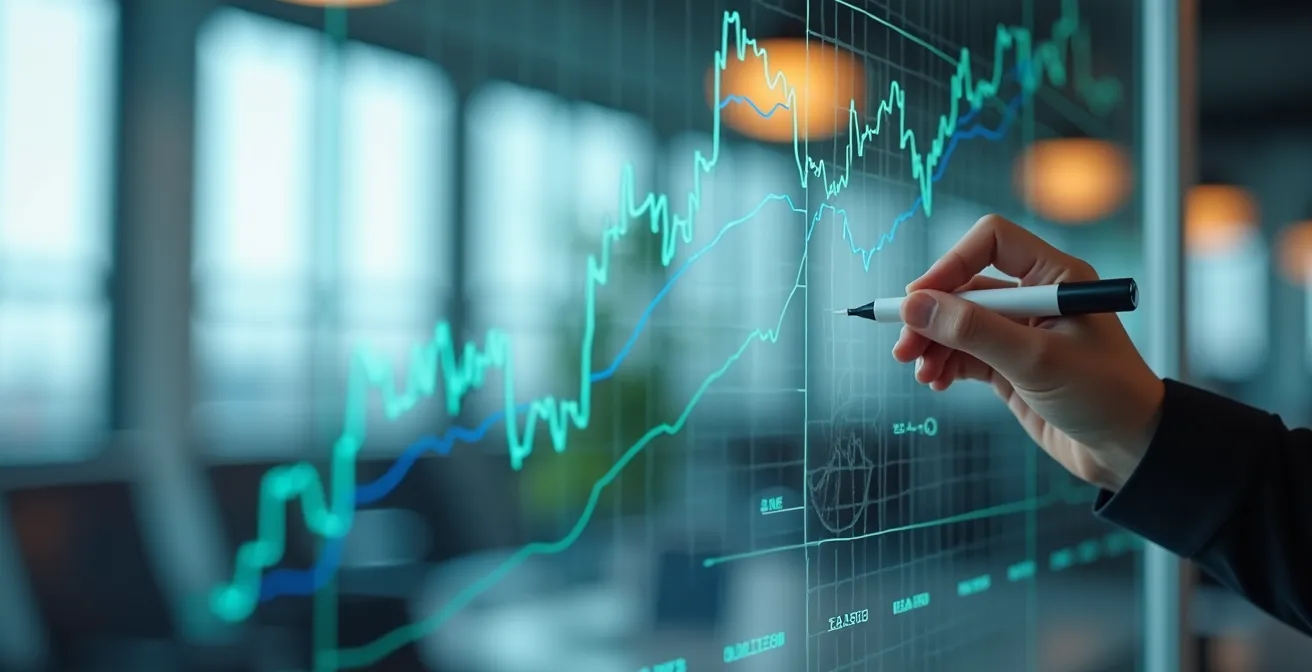 Graphique comparatif des prix immobiliers sur tableau en verre avec marqueurs effacés