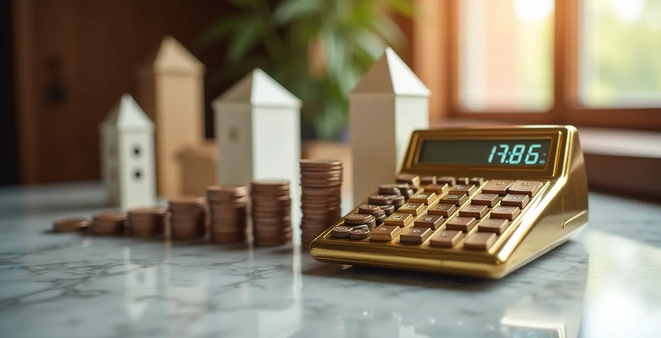 Vue plongeante sur une calculatrice vintage avec graphiques financiers flous en arrière-plan