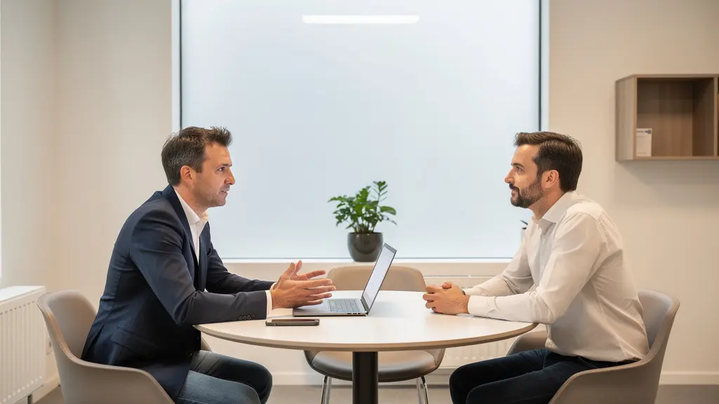 Conseiller en crédit expliquant une offre de prêt à un client en réunion