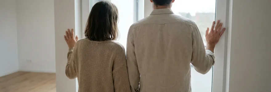 Couple visitant un appartement neuf lumineux avec baies vitrées