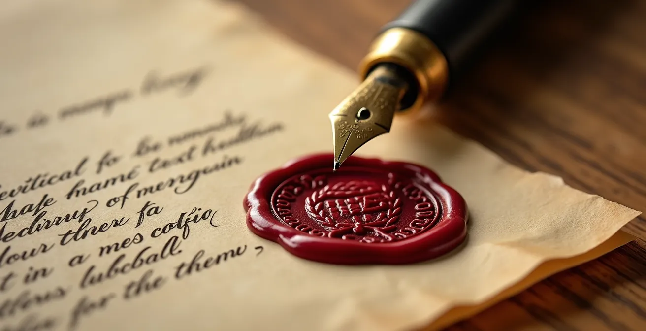 Gros plan sur des documents notariaux avec tampon et stylo plume, évoquant la signature d'un compromis de vente