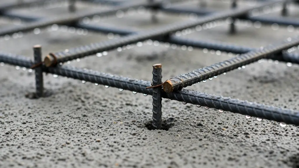 Gros plan macro sur des fondations en béton frais d'un chantier de construction avec des armatures métalliques visibles, symbolisant les premières étapes de paiement en VEFA