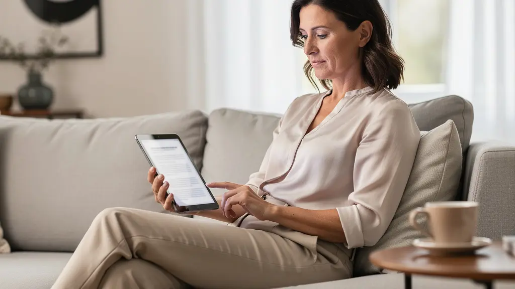 Femme analysant une offre de crédit immobilier sur tablette dans son salon