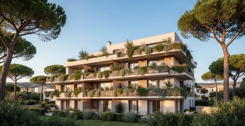 Façade de résidence neuve contemporaine avec balcons végétalisés en environnement méditerranéen