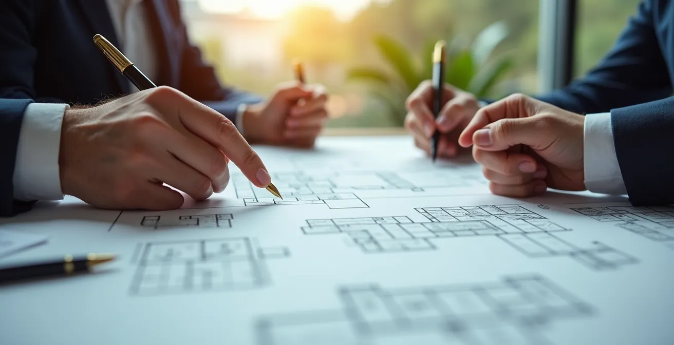 Scène de négociation immobilière avec documents et stylos