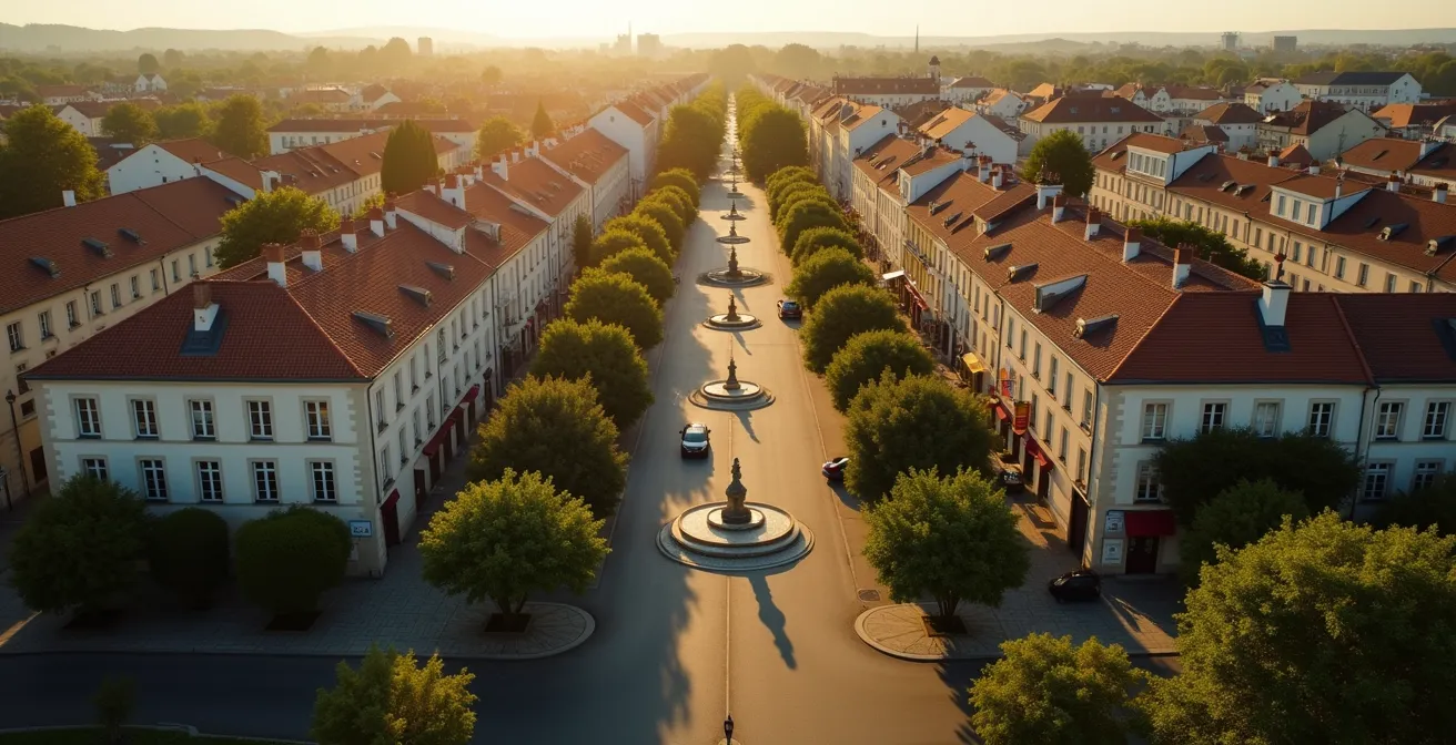 Vue aérienne d'un quartier résidentiel français avec rues et espaces verts