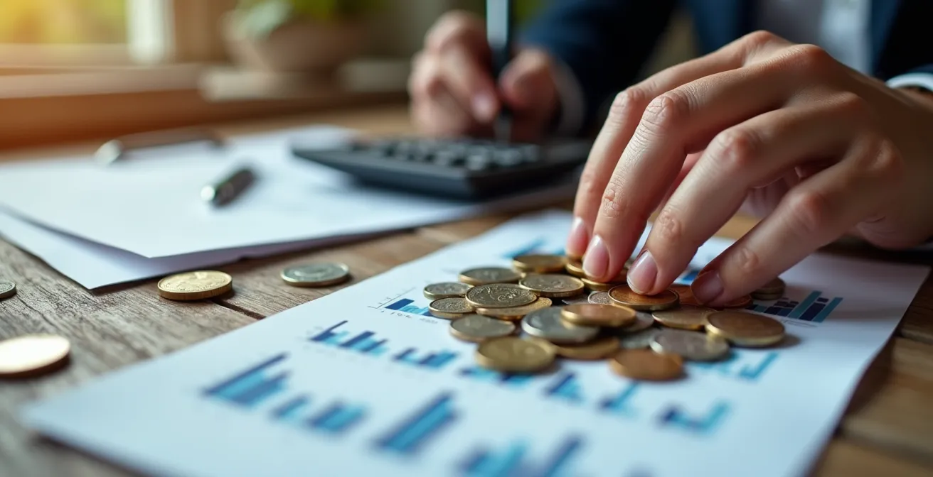 Gros plan sur des mains manipulant des pièces et une calculatrice sur une table en bois