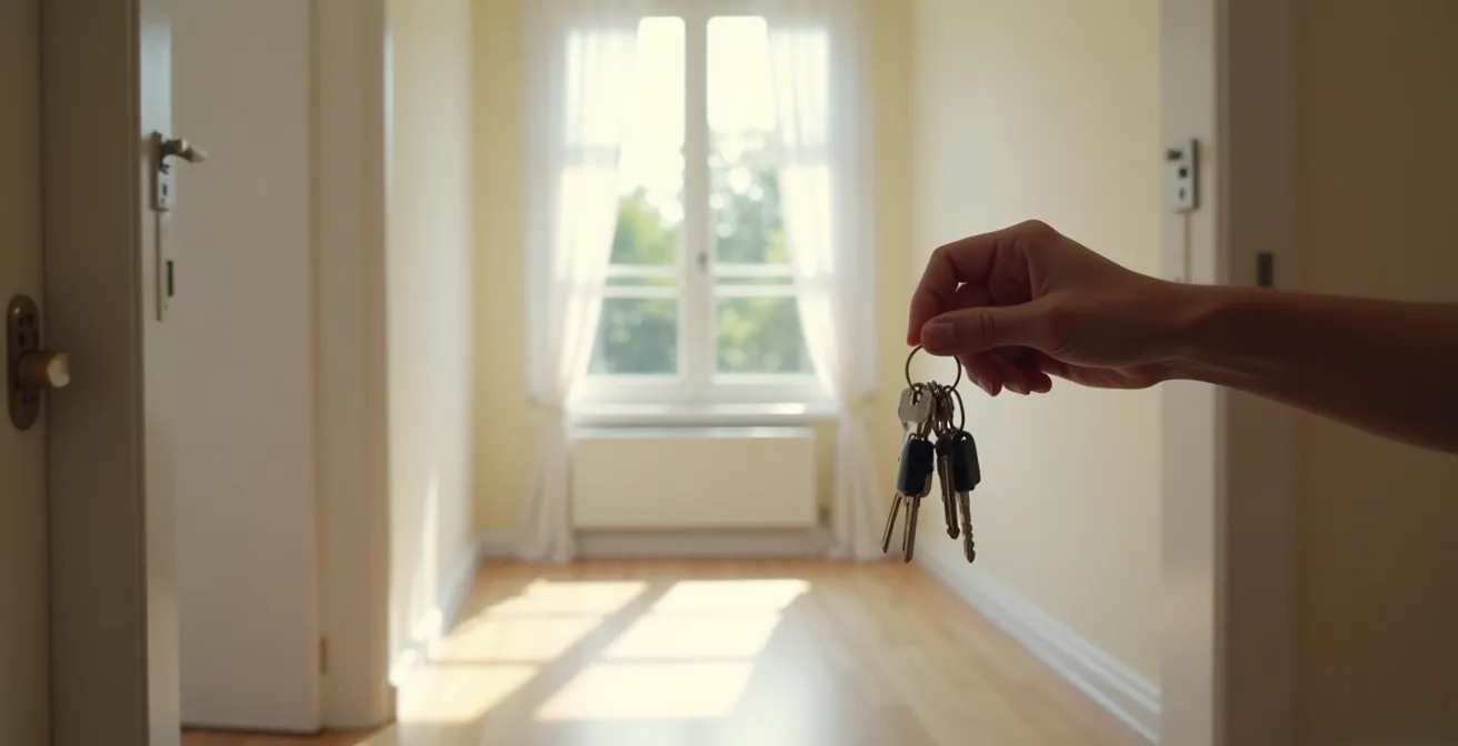 Main tenant des clés devant une porte d'entrée avec documents de vérification