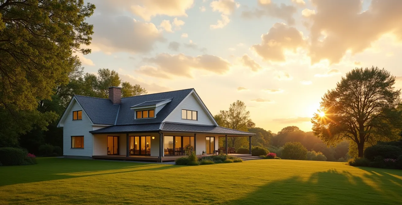 Vue large d'une maison familiale au coucher du soleil avec jardin verdoyant