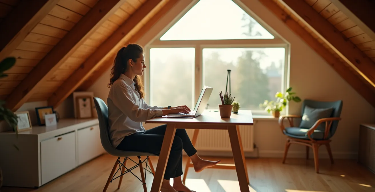 Combles aménagés avec bureau sous pente et éclairage naturel par velux