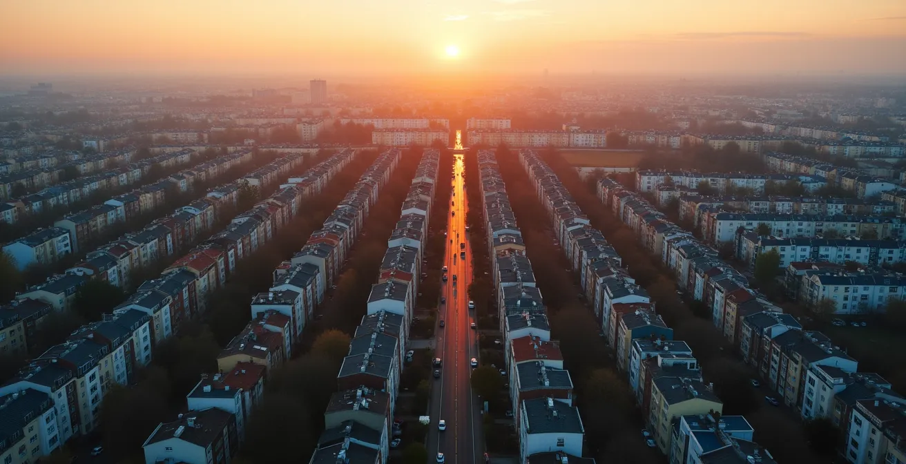 Vue aérienne minimaliste d'un quartier avec différentes nuances de couleur représentant les variations de prix