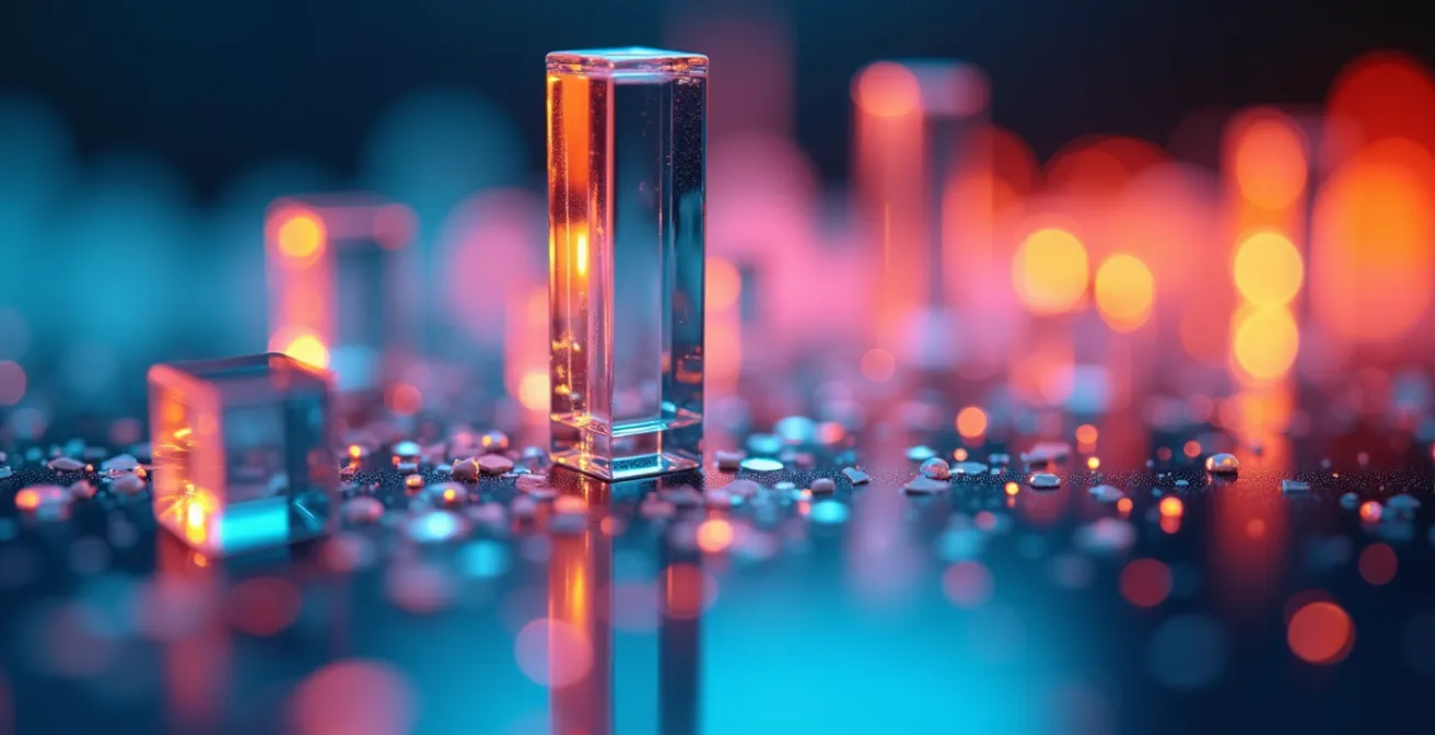 Vue macro de graphiques et courbes d'analyse de marché avec reflets colorés