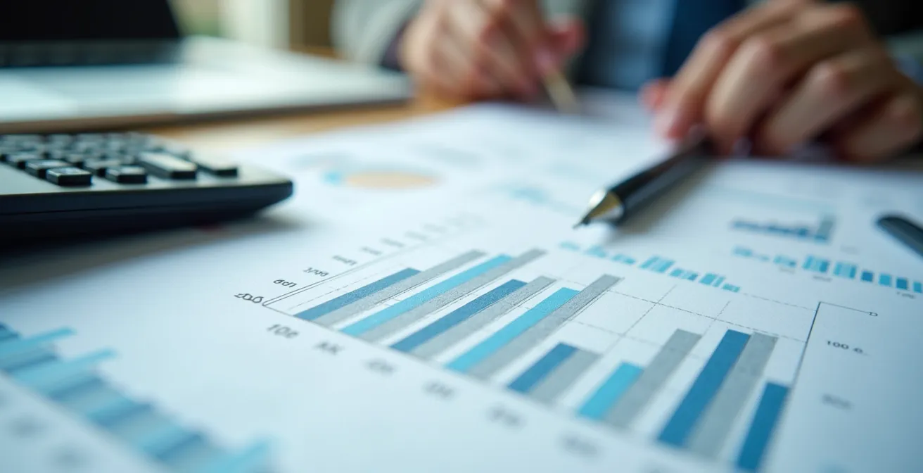 Bureau avec calculatrice et graphiques financiers pour l'analyse d'un dossier commercial