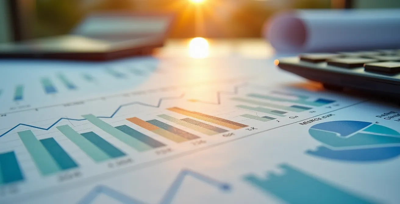 Vue macro d'un rapport d'analyse immobilière avec graphiques et courbes de marché