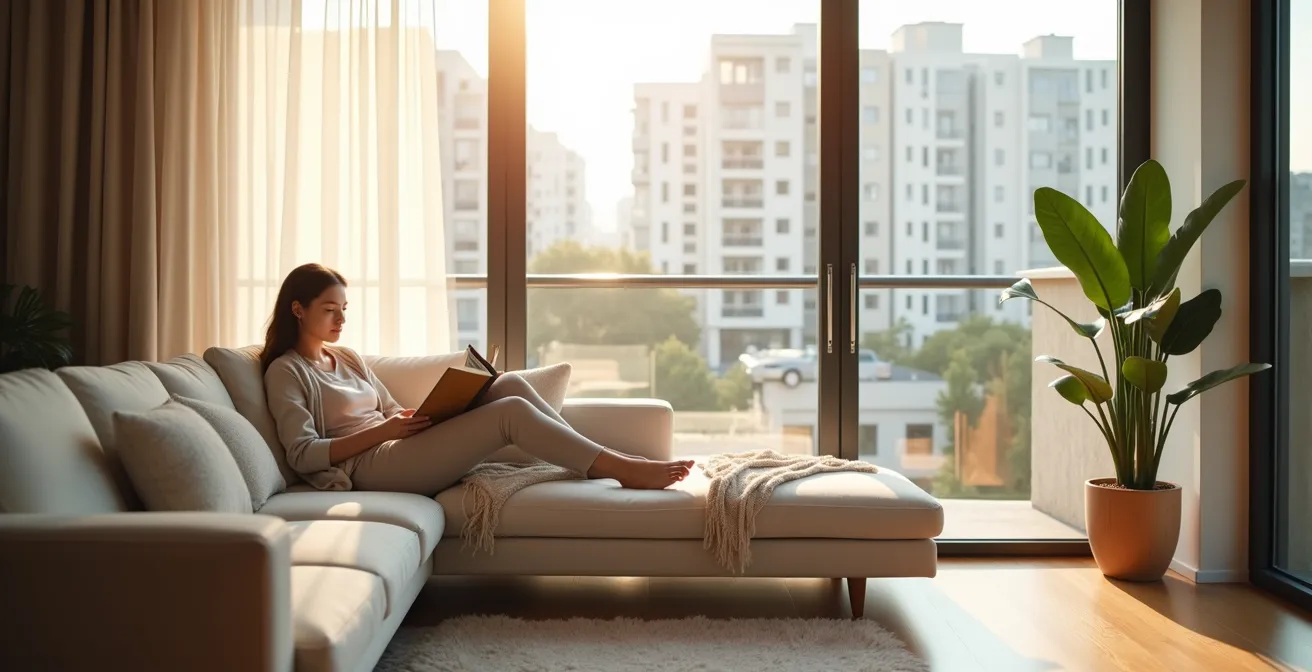 Intérieur d'appartement moderne lumineux avec grandes baies vitrées et isolation visible