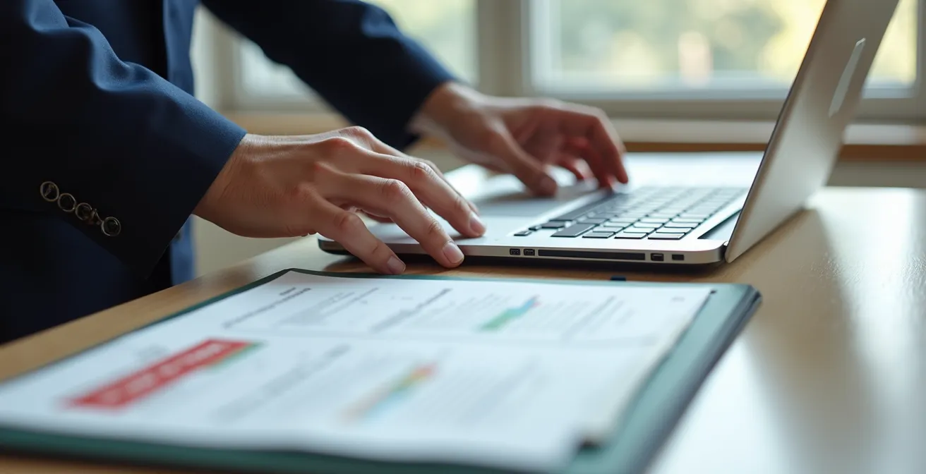 Bureau moderne avec dossiers de copropriété organisés et un ordinateur portable.
