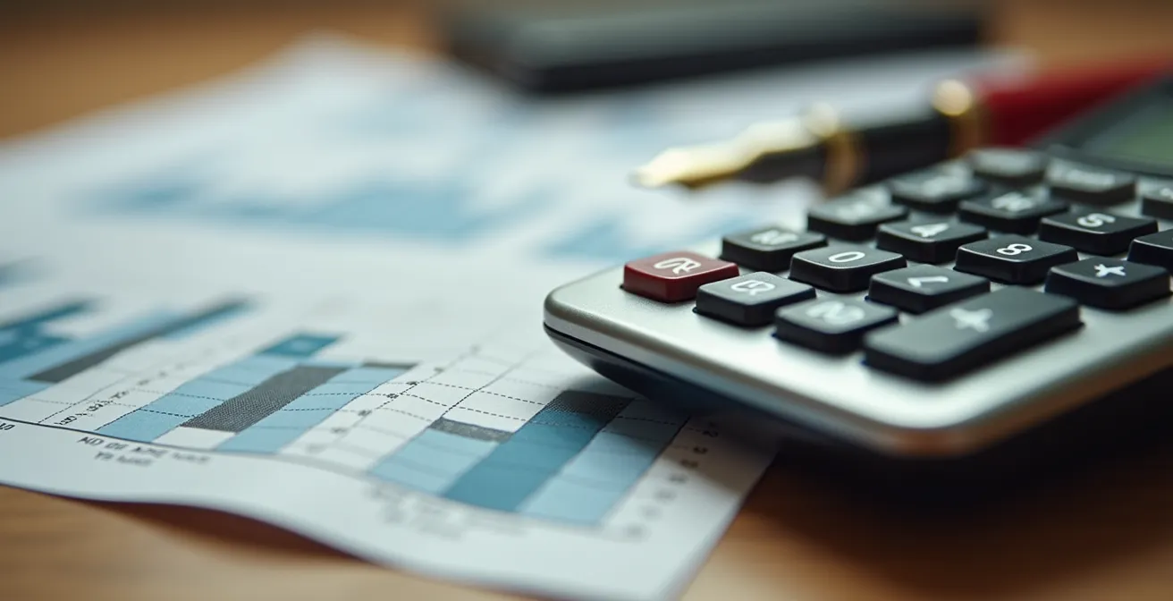 Bureau avec calculatrice, graphiques financiers et documents de transaction immobilière