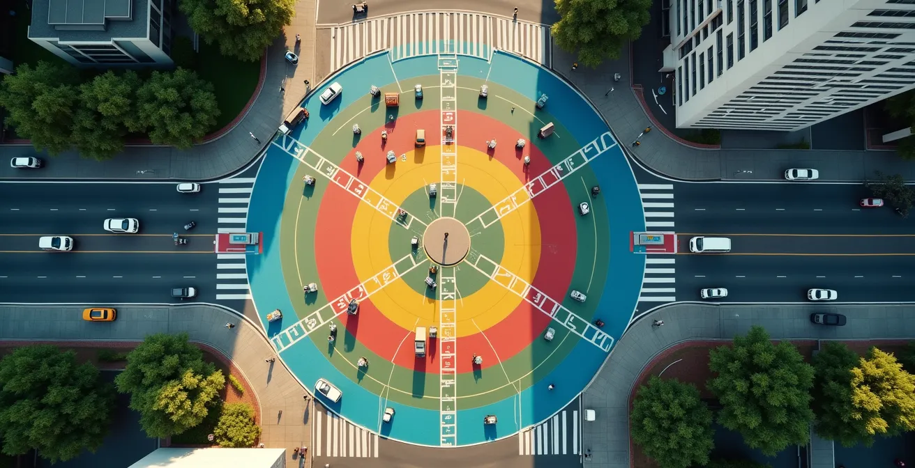 Carte urbaine avec zones colorées représentant les temps de trajet depuis un point central