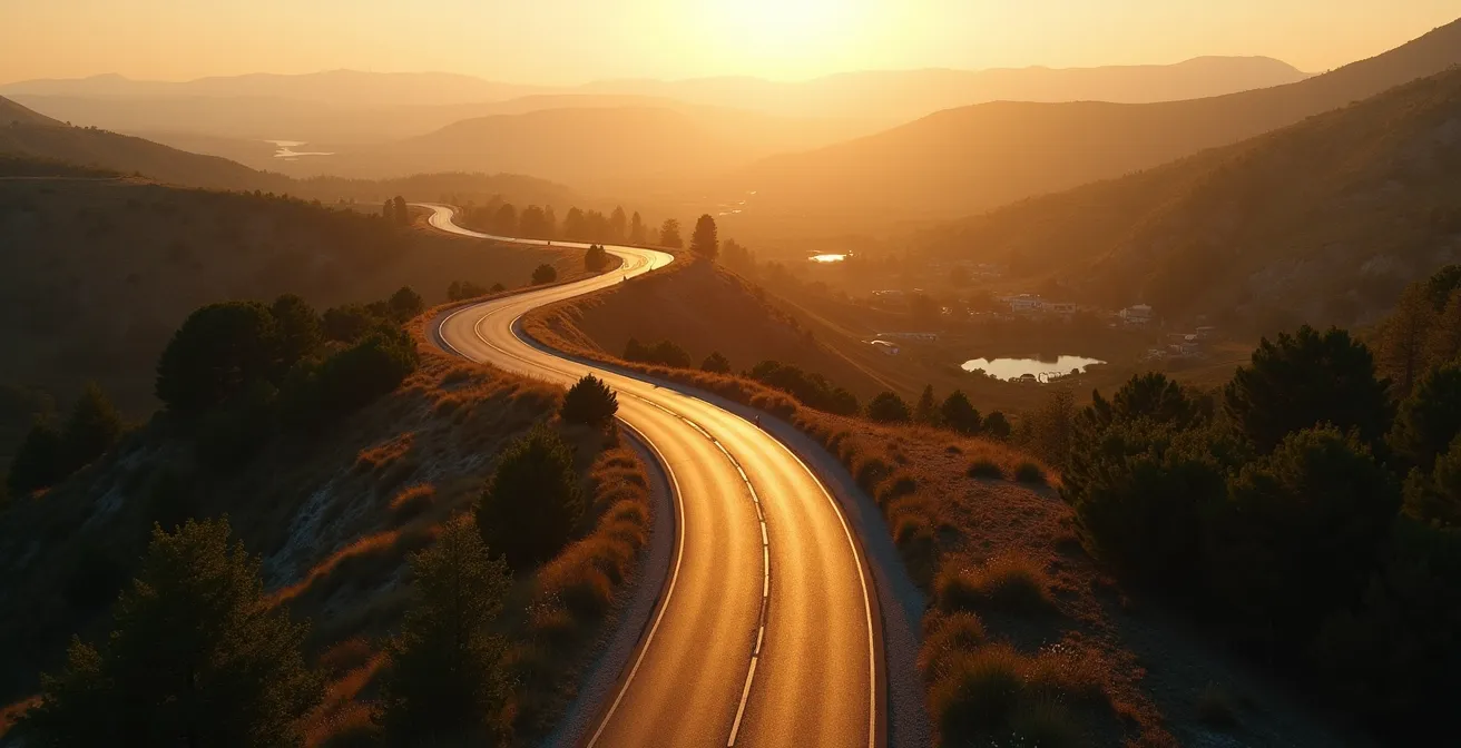 Vue aérienne d'une route sinueuse traversant différents paysages français symbolisant le trajet vers la résidence secondaire