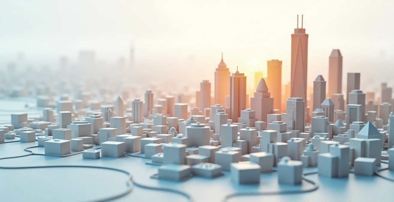 Vue aérienne stylisée d'une métropole avec zones colorées représentant différents niveaux de tension locative