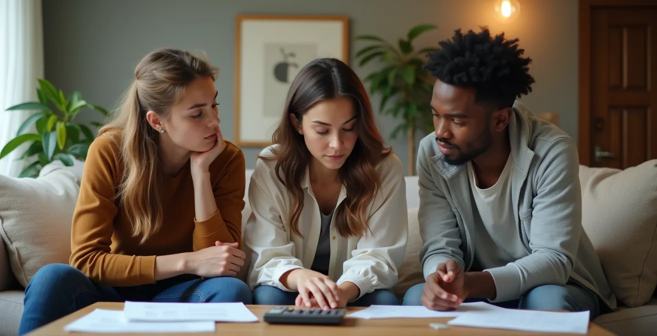 Trois colocataires dans un salon moderne discutant autour d'une table basse avec papiers et calculatrice
