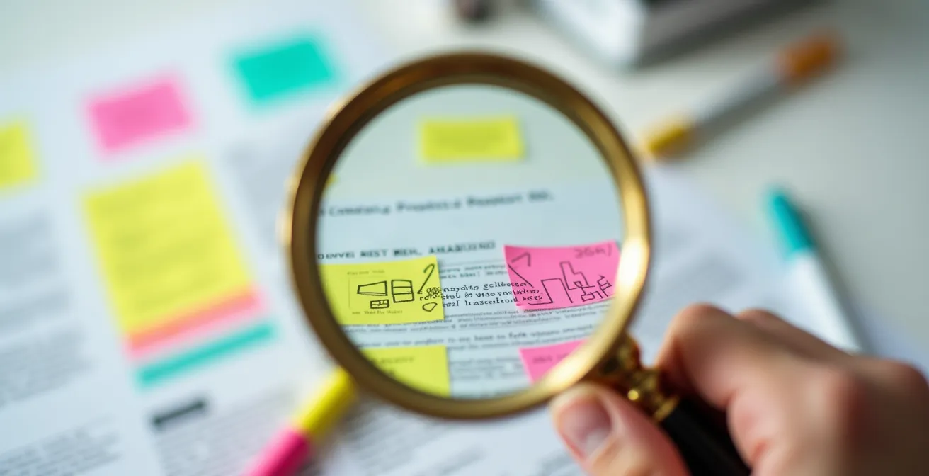 Main tenant une loupe au-dessus d'un document avec des annotations colorées