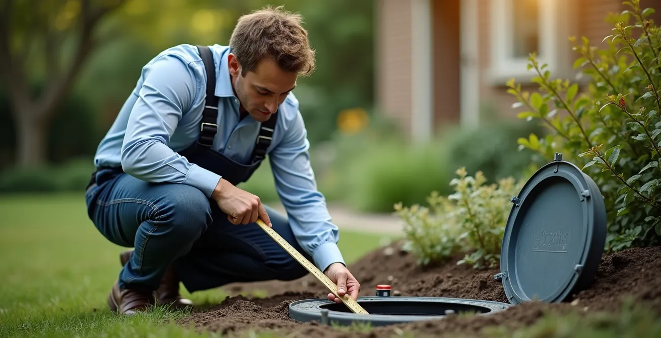 Technicien inspectant une fosse septique avec équipement professionnel dans un jardin