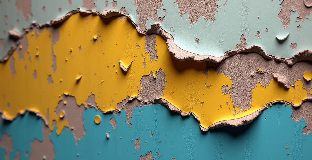 Détail macro d'écailles de peinture ancienne sur mur avec texture visible