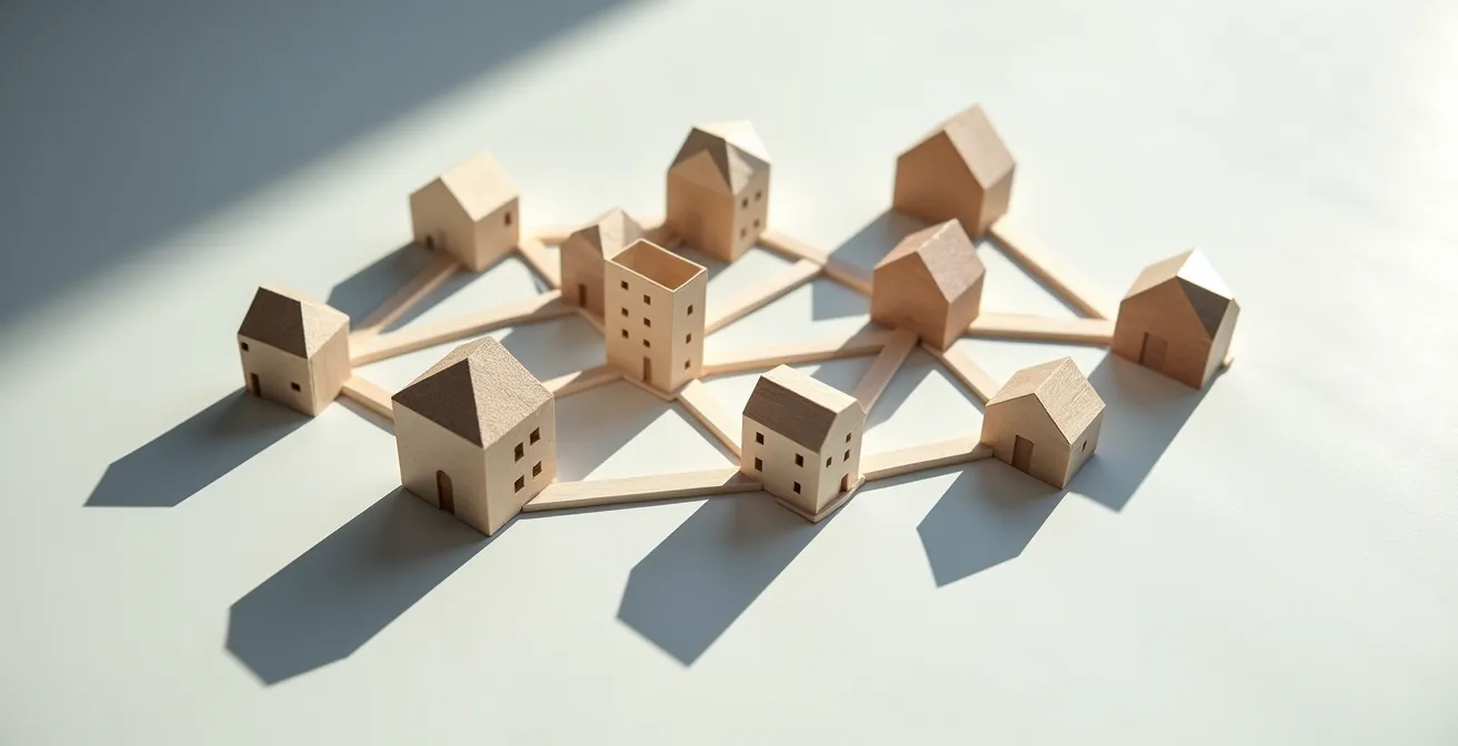 Carte stylisée de France avec points lumineux représentant différentes villes d'investissement reliées par des lignes