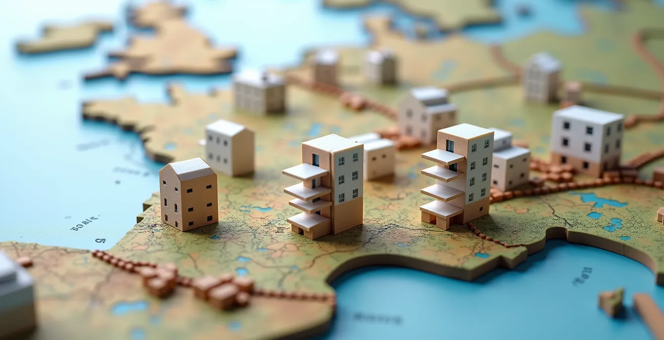 Carte de France stylisée avec épingles représentant différents types d'investissements immobiliers