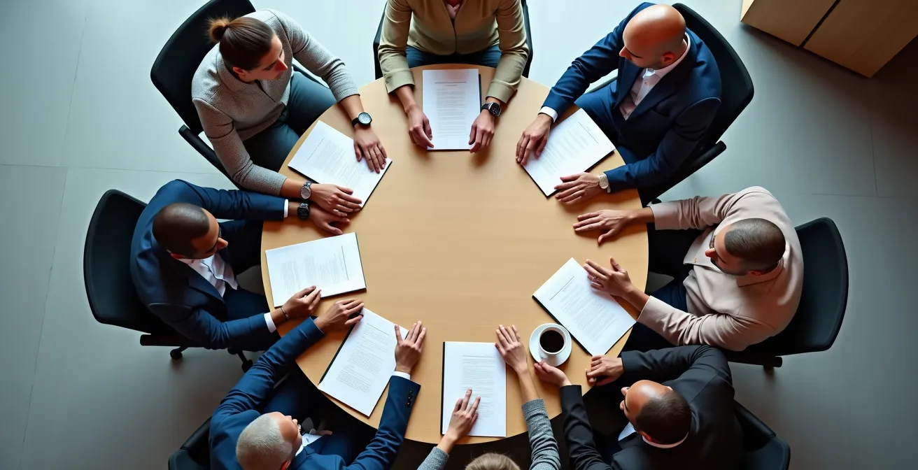 Équipe commerciale immobilière aux parcours variés en réunion collaborative