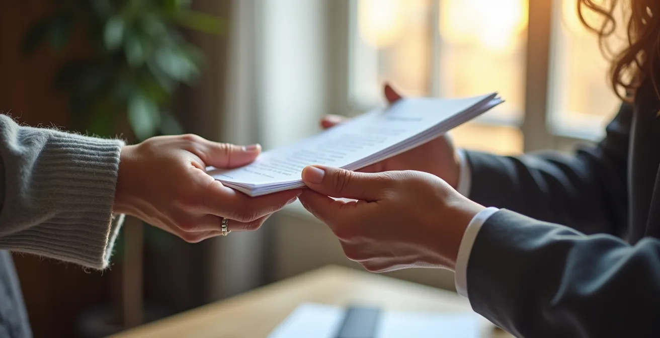 Mains échangeant des documents de garantie locative avec arrière-plan flou d'appartement