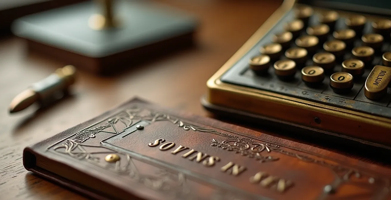 Détail d'un carnet d'épargne et d'une calculatrice sur un bureau en bois