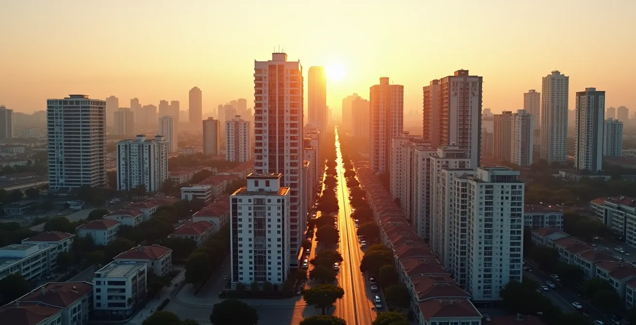 Graphique stylisé montrant l'évolution des prix immobiliers avec courbes ascendantes et descendantes