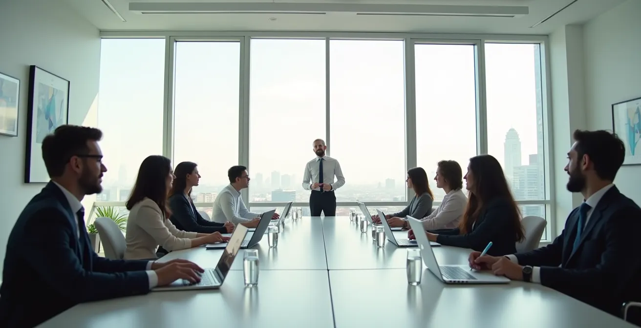 Salle de formation moderne avec professionnels de l'immobilier et formateur