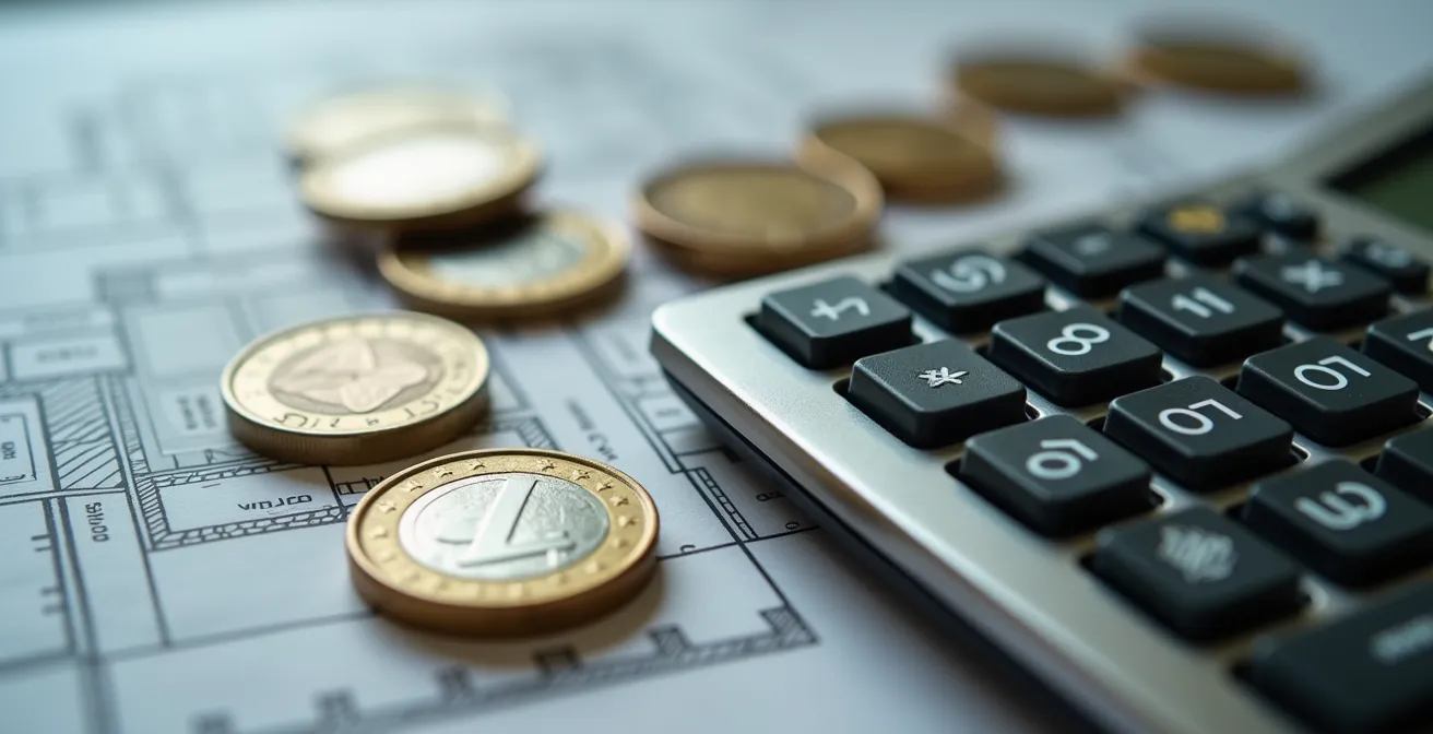 Main tenant une calculatrice avec des pièces de monnaie et des graphiques flous en arrière-plan, symbolisant le calcul du pouvoir d'achat immobilier