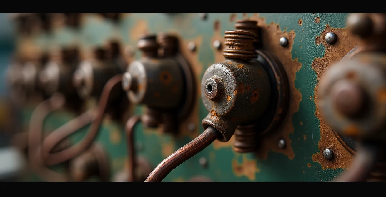 Gros plan sur un tableau électrique ancien en cours d'inspection professionnelle