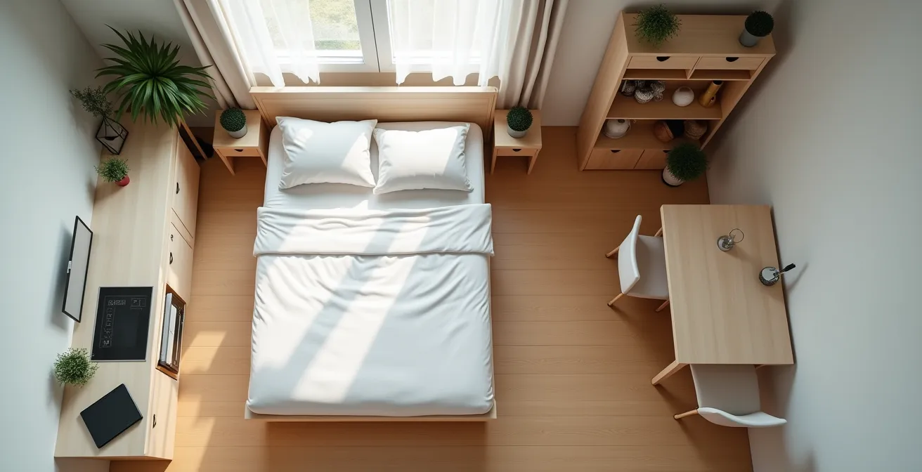 Vue en plongée d'un appartement meublé avec tous les éléments obligatoires disposés de manière organisée