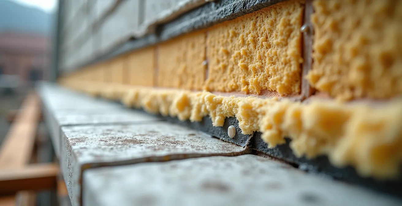 Façade de maison avec isolation thermique par l'extérieur en cours d'installation