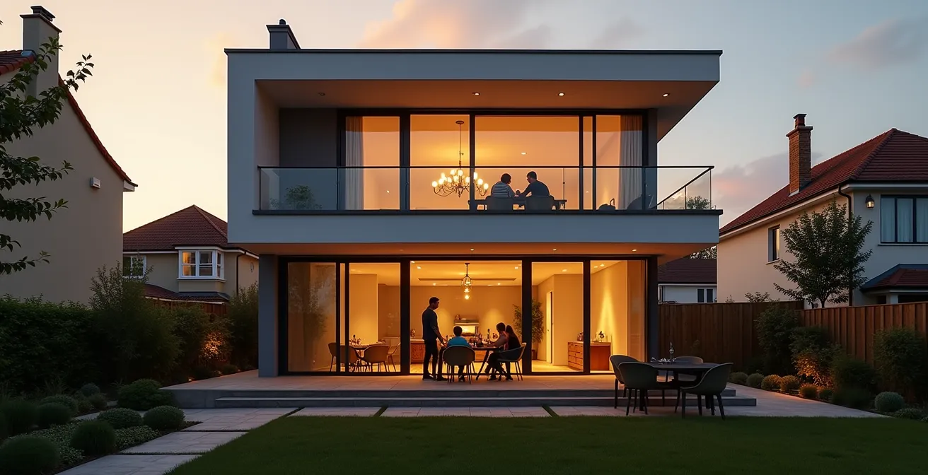 Maison à étage sur terrain étroit avec jardin préservé et aménagements extérieurs