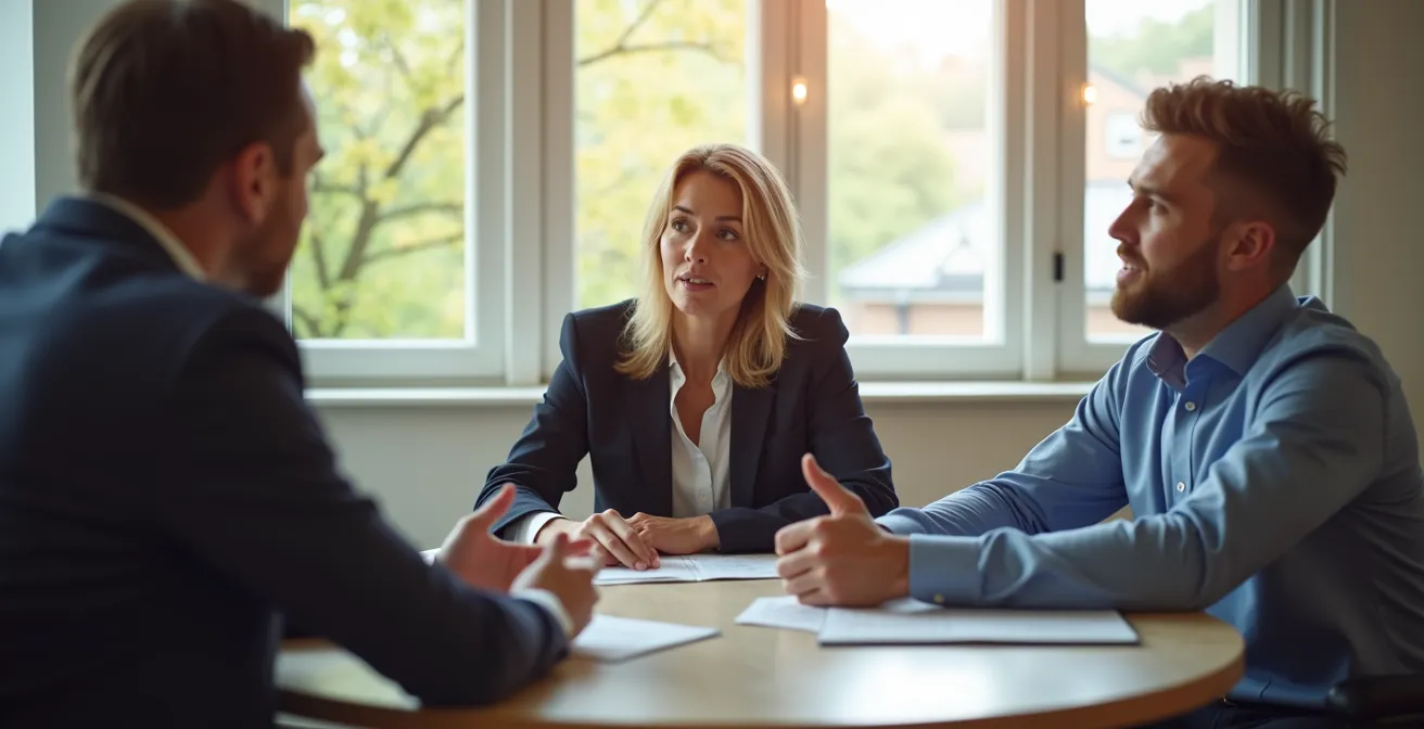 Scène de médiation entre voisins avec médiateur professionnel dans un cadre neutre