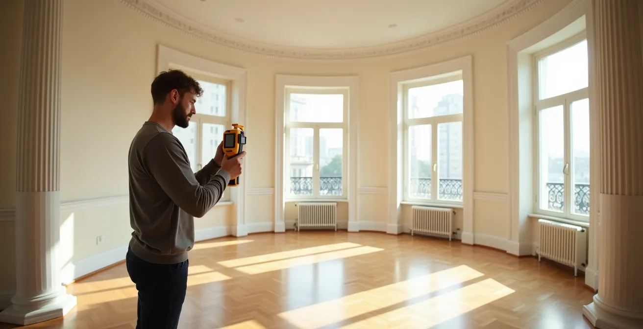 Vue grand angle d'un diagnostiqueur mesurant la surface d'un appartement en copropriété