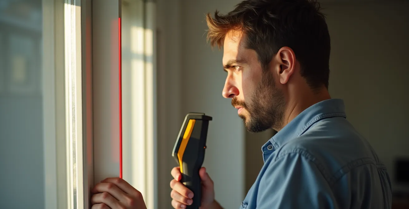 Diagnostiqueur immobilier utilisant un télémètre laser pour mesurer la surface privative d'un appartement