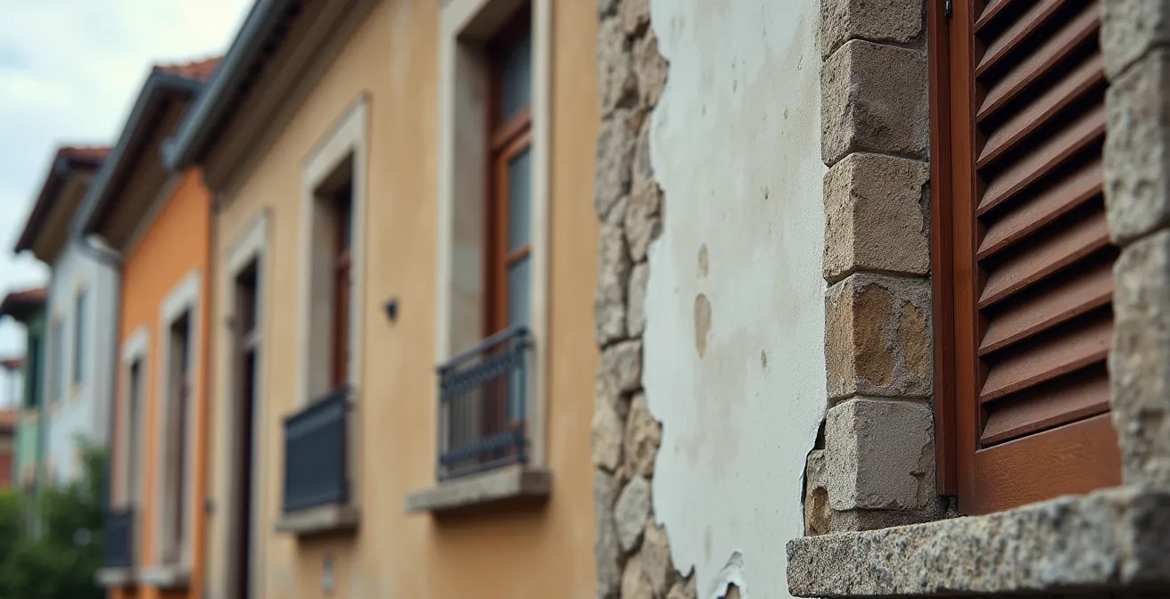 Vue macro détaillée de façades d'immeubles contrastées dans un même quartier illustrant les variations de prix