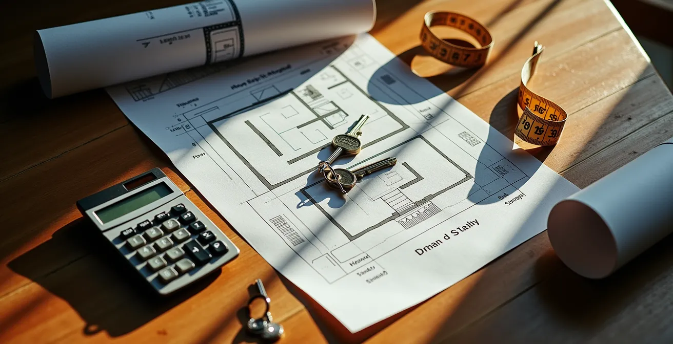 Vue d'ensemble d'une table de négociation avec calculatrice et plans architecturaux sans texte visible