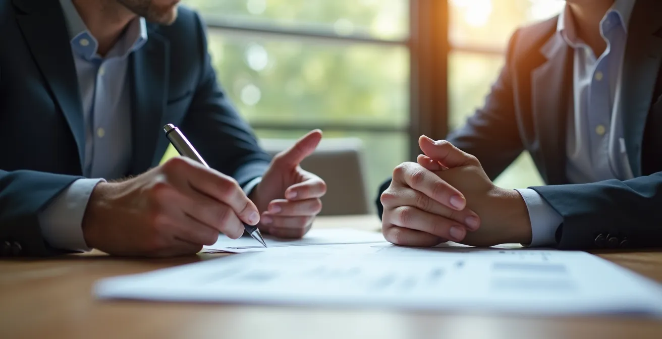 Négociation entre vendeur et acheteur autour d'une table avec documents