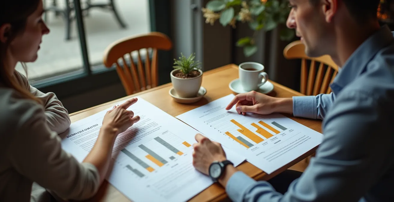 Scène de négociation entre vendeur et acheteur avec documents d'estimation