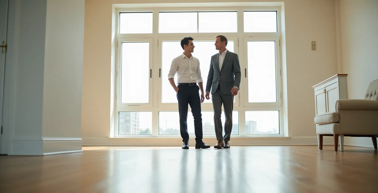 Mentor accompagnant un nouveau négociateur immobilier lors d'une visite de bien