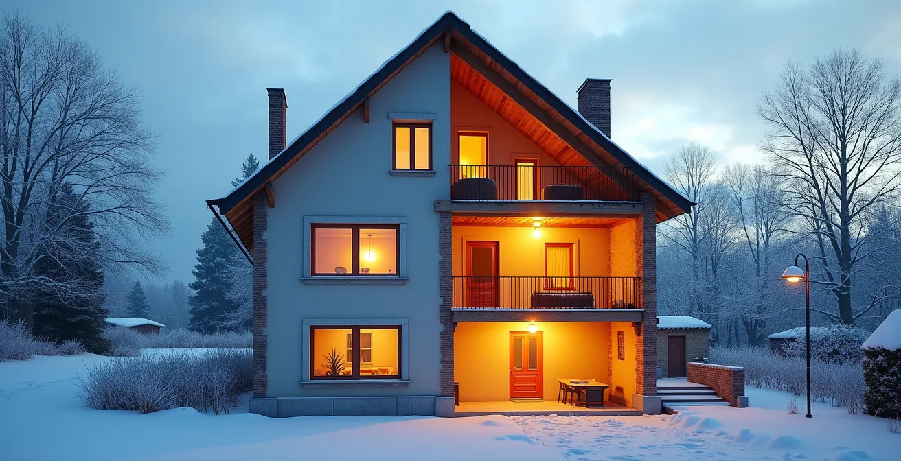 Vue en coupe d'une maison montrant l'isolation thermique avec des zones de déperdition de chaleur visualisées par imagerie thermique