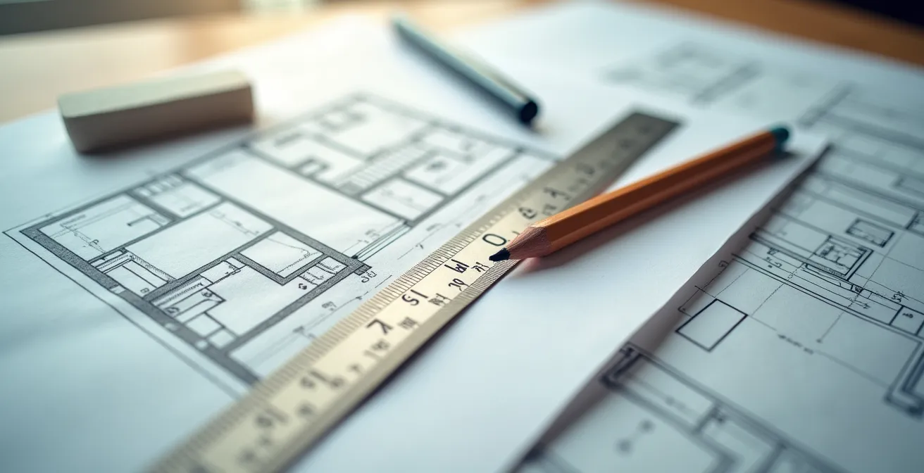 Plans d'architecte avec annotations et modifications, crayon posé sur les documents